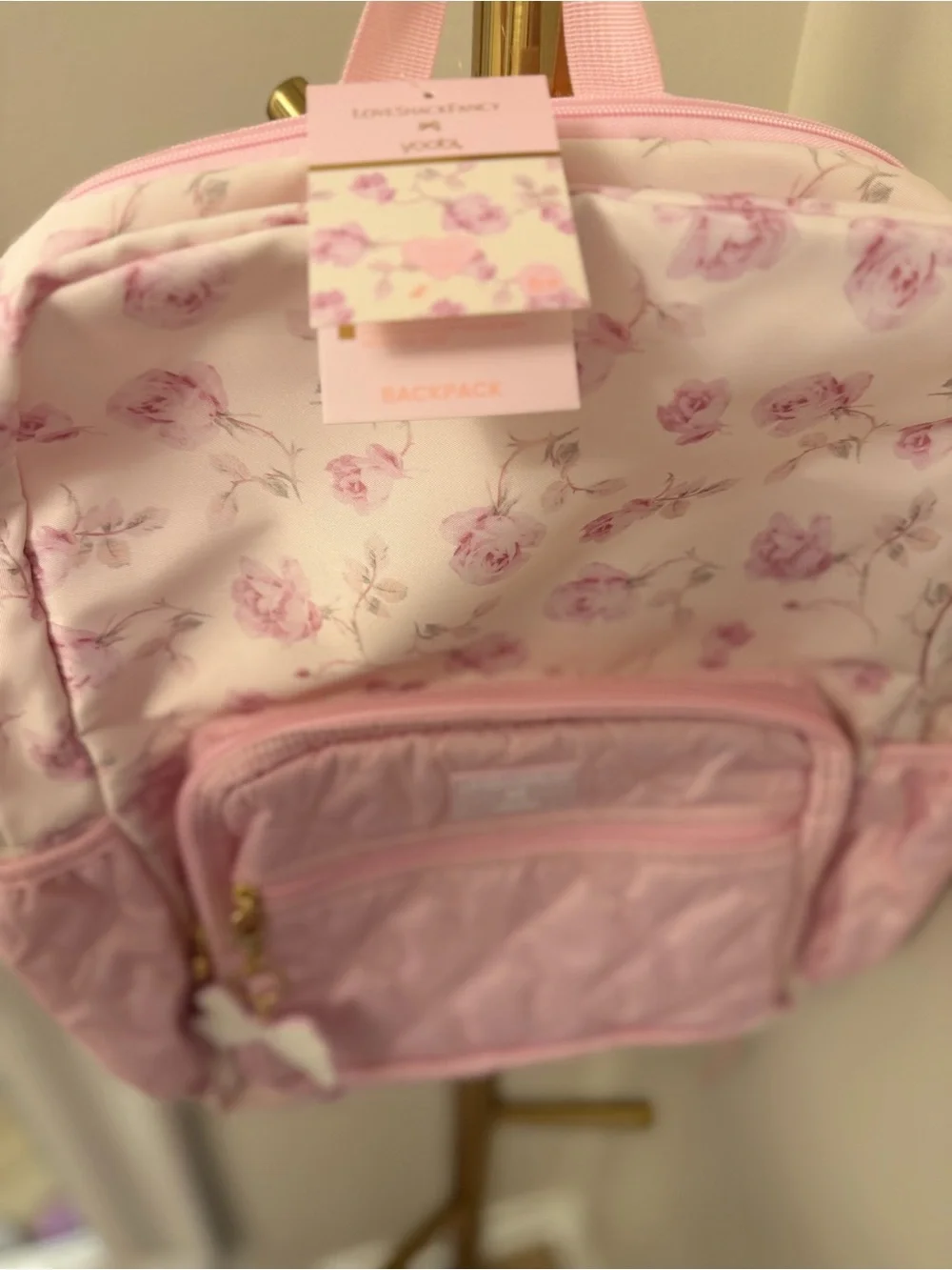 LoveShackFancy Pink Floral Quilted Kids Backpack with Bow Charm